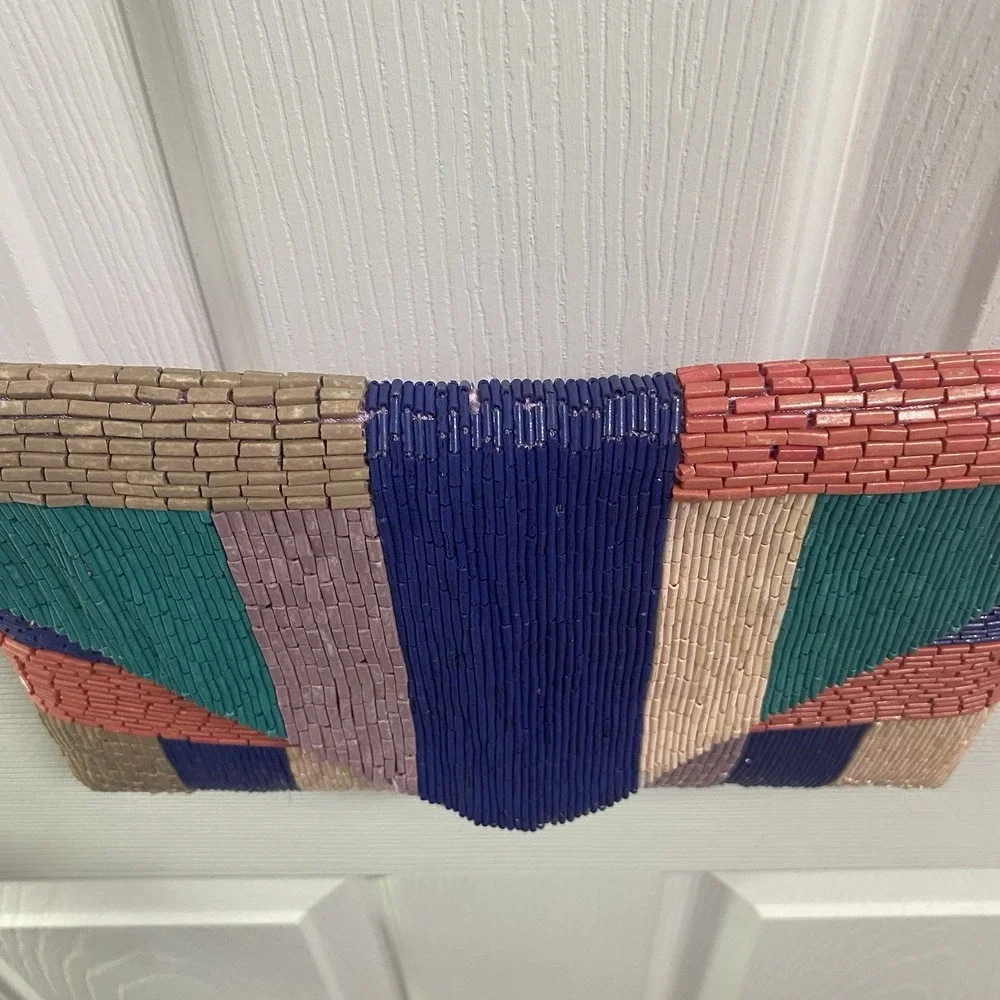 Vintage LA REGALE Beaded Multicolor Evening Small Bag Clutch Purse, Satin Lining